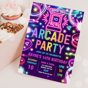 Neon Glow Retro Arcade Gaming Geburtstagsparty Einladung