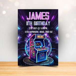 Neon Glow Retro Arcade Gaming Geburtstagsparty Einladung
