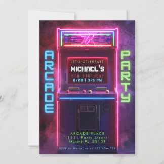 Neon Glow Retro Arcade Gaming Geburtstagsparty Einladung