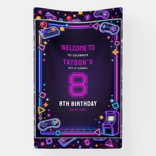 Neon Glow Retro-Arcade-Spiele 8. Geburtstag Banner