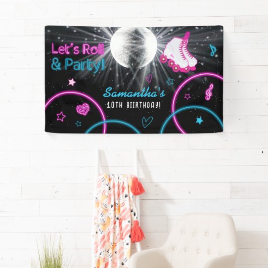 Neon Glow Roller Skaten Let's Roll Birthday Party Banner (Insitu)
