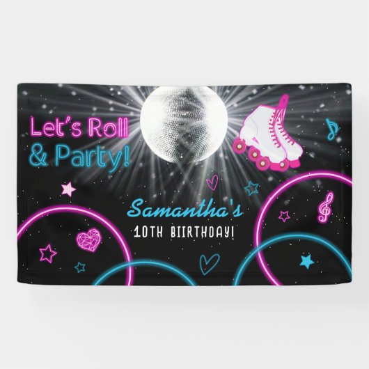 Neon Glow Roller Skaten Let's Roll Birthday Party Banner (Horizontal)