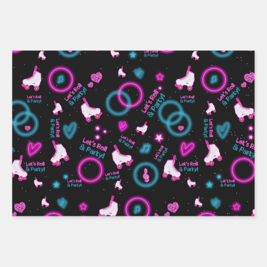 Neon Glow Roller Skating Let's Roll Pattern Geschenkpapier Set (Vorderseite 3)