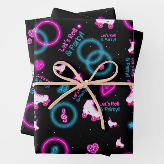 Neon Glow Roller Skating Let's Roll Pattern Geschenkpapier Set (Beispiel)