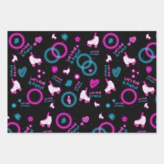 Neon Glow Roller Skating Let's Roll Pattern Geschenkpapier Set (Vorderseite)