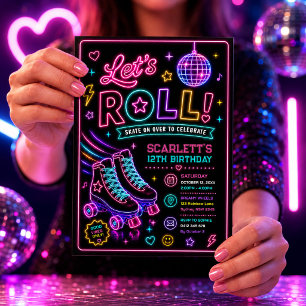 Neon Glow Rollschuh Mädchen Geburtstagsfeier Einladung