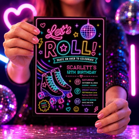 Neon Glow Rollschuh Mädchen Geburtstagsfeier Einladung