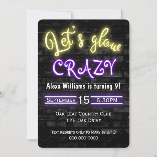 Neon Glow Sign auf der Brillenwand zum 9. Geburtst Einladung (Vorderseite)