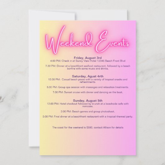 Neon Glow Sign Beach Bacheloretto Einladung (Rückseite)