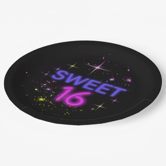 Neon Glow Sweet 16 ID760 Pappteller (Schrägansicht)