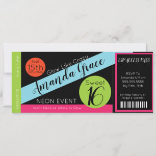 Neon-Glow-Ticket Sweet Sixteen Geburtstags-VIP Einladung
