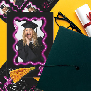 Neon Glow Wavy Border Foto Graduation Party Einladung