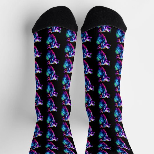 Neon Glow Wolf Kopf auf schwarz Socken (Oben)