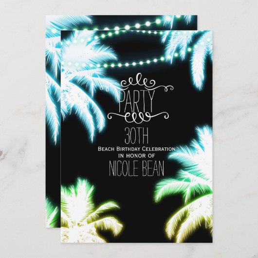Neon Glows Palm Trees Beach Party Summer Einladung (Vorne/Hinten)