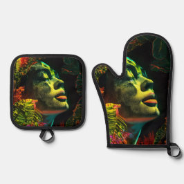 Neon Glows , Realistische Kunst Ofenhandschuh & Topflappen-Set