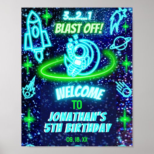 Neon Glows Space Rocket Ship Boys Party Willkommen Poster (Vorne)