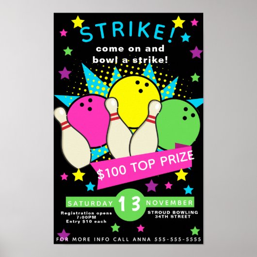 Neon-Glühen Bowling Nacht Flyer, Bowling-Turnier Poster (Vorne)