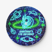 Neon glühende Blue Outer Space Rocket Ship Boy's Pappteller (Vorderseite)