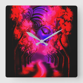 Neon Goddess in Enchanted Forest Quadratische Wanduhr