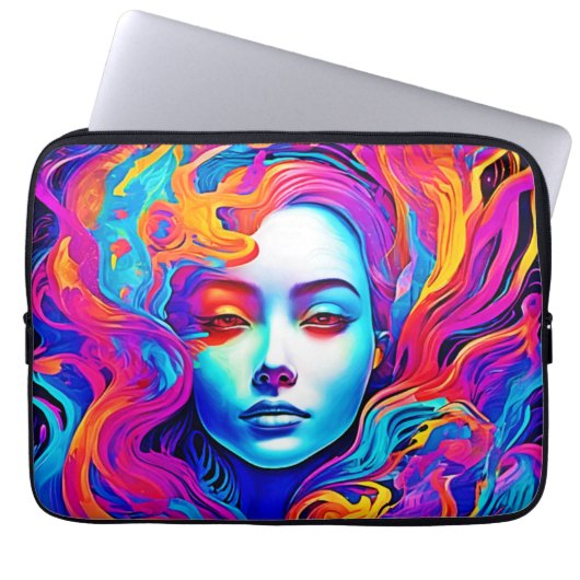 Neon Goddess mit blühendem kosmischem Haar Laptopschutzhülle (Vorderseite)