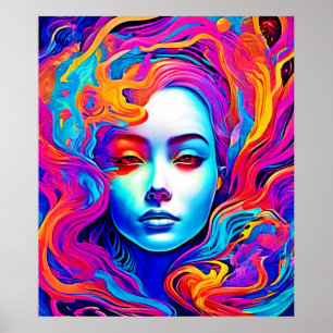 Neon Goddess mit blühendem kosmischem Haar Poster