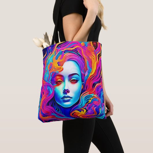 Neon Goddess mit blühendem kosmischem Haar Tasche (Von Nahem)