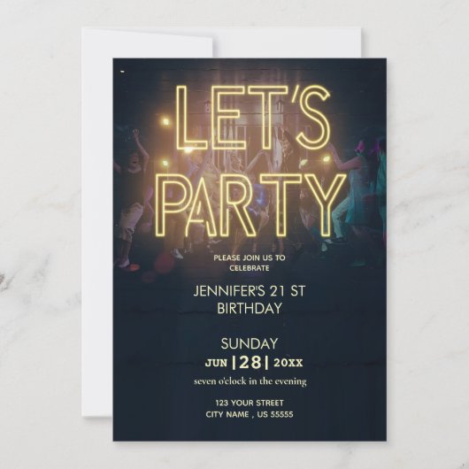Neon Gold Light Digital Party e-Einladungs Vorlage (Vorderseite)