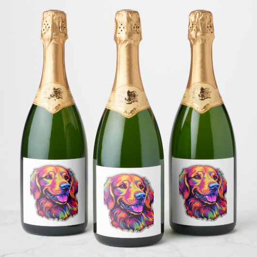 Neon Golden Retriever Schaumweinetikett (Flaschen)