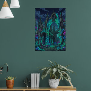 Neon-Gotische Ruinen Leuchtende Flechten Dark Fant Poster