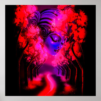 Neon-Göttin im verzauberten Wald Poster