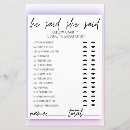 Neon Gradient sagte, sie sagte, Brautparty Game (Vorderseite)