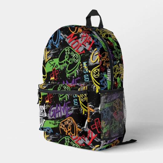 Neon-Graffiti-Gaming-Muster Bedruckter Rucksack (Rückseitige Ecke Rechts)
