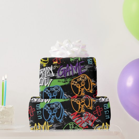 Neon-Graffiti-Gaming-Muster Geschenkpapier (Partygeschenke)