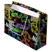 Neon-Graffiti-Gaming-Muster Große Geschenktüte (Vorderseite Schrägansicht)