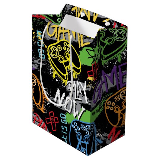 Neon-Graffiti-Gaming-Muster Mittlere Geschenktüte (Rückseite Schrägansicht)