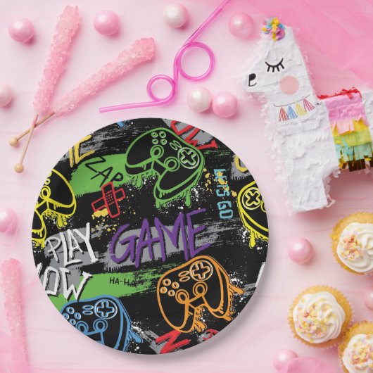 Neon-Graffiti-Gaming-Muster Pappteller (Party)