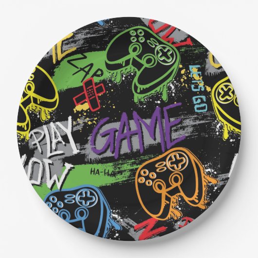Neon-Graffiti-Gaming-Muster Pappteller (Vorderseite)