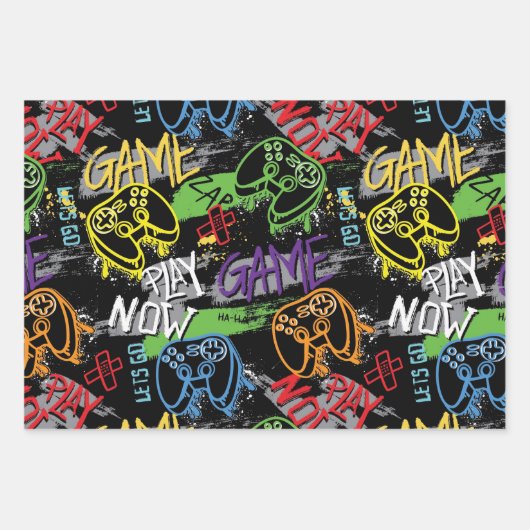 Neon Graffiti Gaming Pattern Geschenkpapier Set (Vorderseite 3)