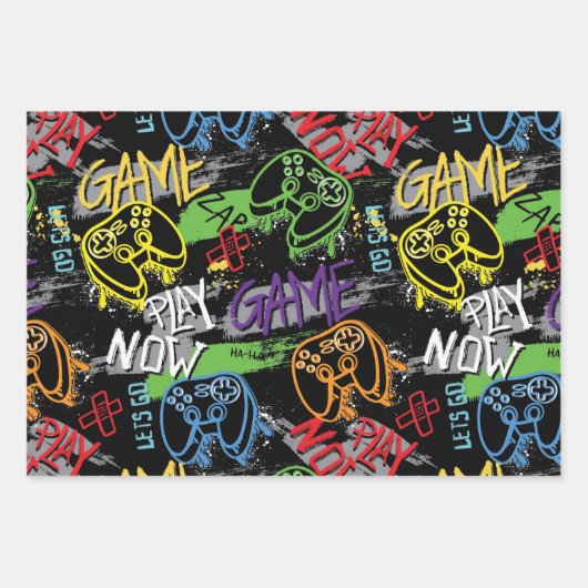 Neon Graffiti Gaming Pattern Geschenkpapier Set (Vorderseite)