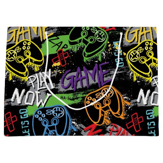 Neon Graffiti Gaming Pattern Große Geschenktüte (Vorderseite)