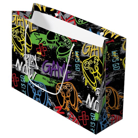 Neon Graffiti Gaming Pattern Große Geschenktüte (Vorderseite Schrägansicht)