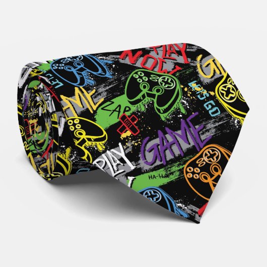 Neon Graffiti Gaming Pattern Krawatte (Gerollt)