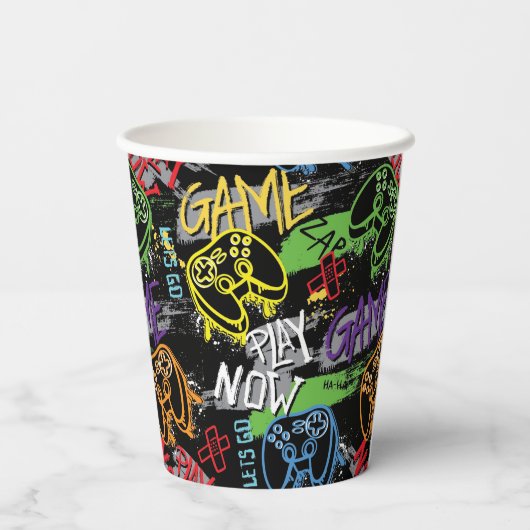 Neon Graffiti Gaming Pattern Pappbecher (Rückseite)