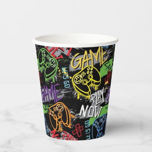Neon Graffiti Gaming Pattern Pappbecher (Vorderseite)