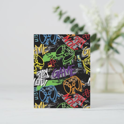 Neon Graffiti Gaming Pattern Postkarte (Stehend Vorderseite)