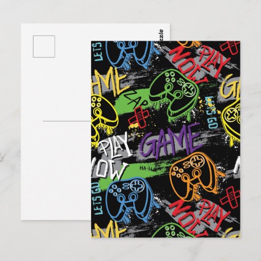 Neon Graffiti Gaming Pattern Postkarte (Vorne/Hinten)