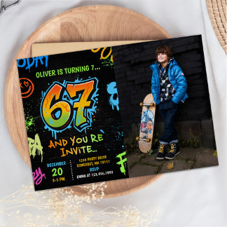 Neon-Graffiti-Sechs-Sieben-Kinder 7. Geburtstagsfo Einladung
