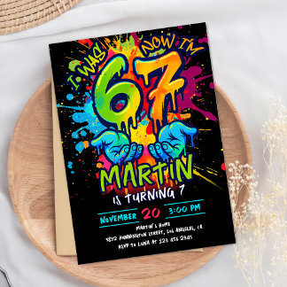Neon Graffiti Six Seven 7th Birthday Invitation Einladung