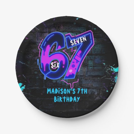 Neon Graffiti Six Seven 7th Birthday Paper Plate Pappteller (Vorderseite)