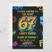 Neon Graffiti Six Seven Kids 7th Birthday Party Einladung (Vorderseite)